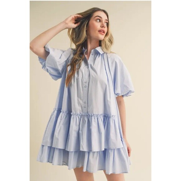 & Merci Blue Mini Dress with Daisy Embroidery Size M Puff Sleeve Sweetheart Neck - Picture 1 of 11